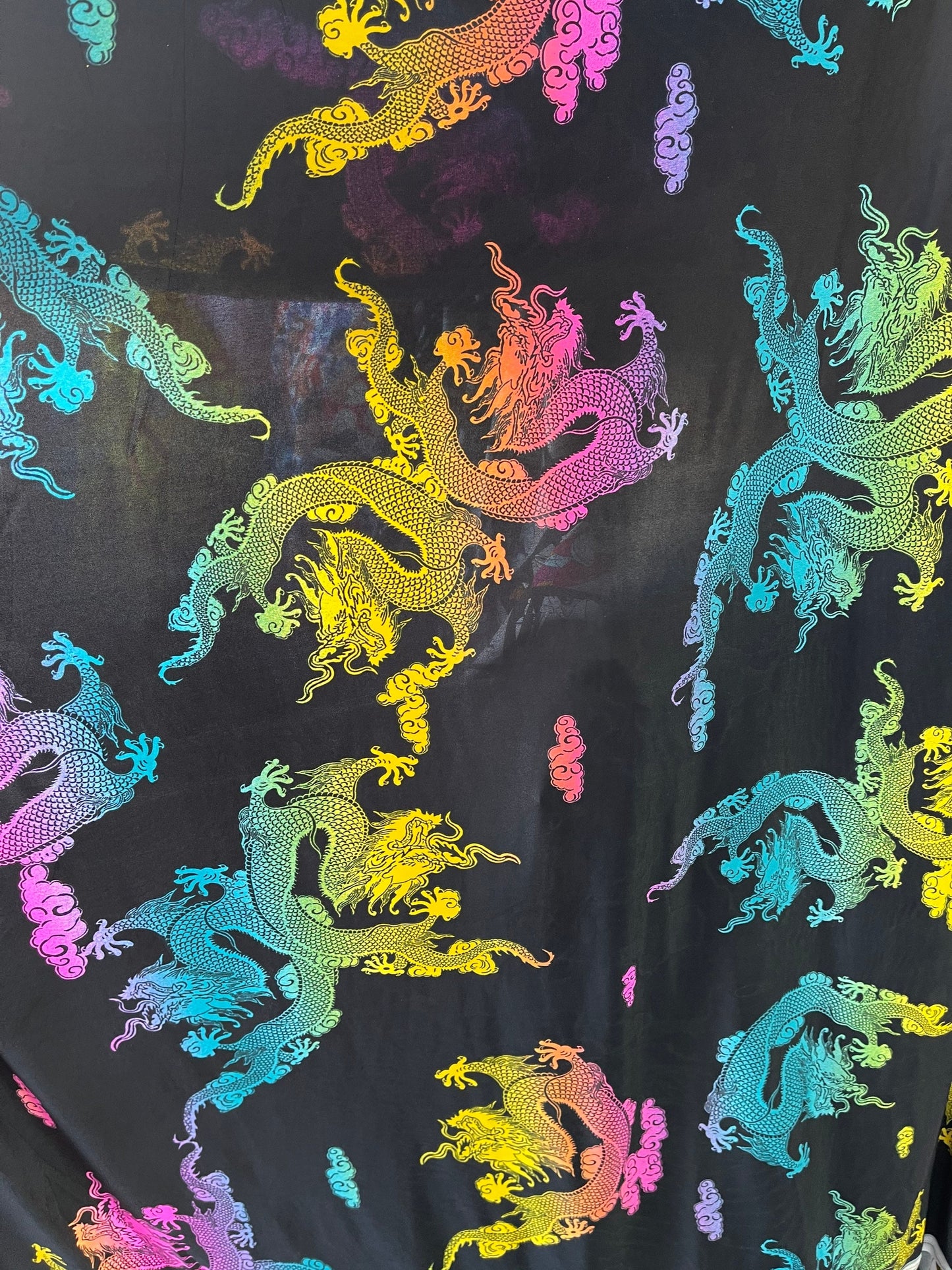 Dragon design Multicolor print on poly spandex light weight 4-way stretch 58/60” Sold by the YD. Ships Worldwide from Los Angeles California