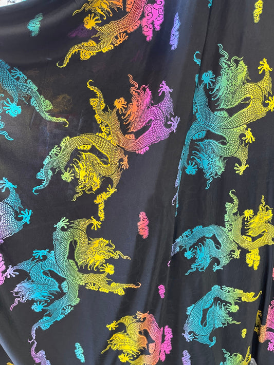 Dragon design Multicolor print on poly spandex light weight 4-way stretch 58/60” Sold by the YD. Ships Worldwide from Los Angeles California