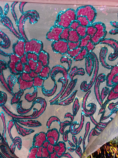 New Rose design shiny sequins embroidered on stretch mesh 2-way stretch 54/55” Sold by the YD. Ships Worldwide from Los Angeles California