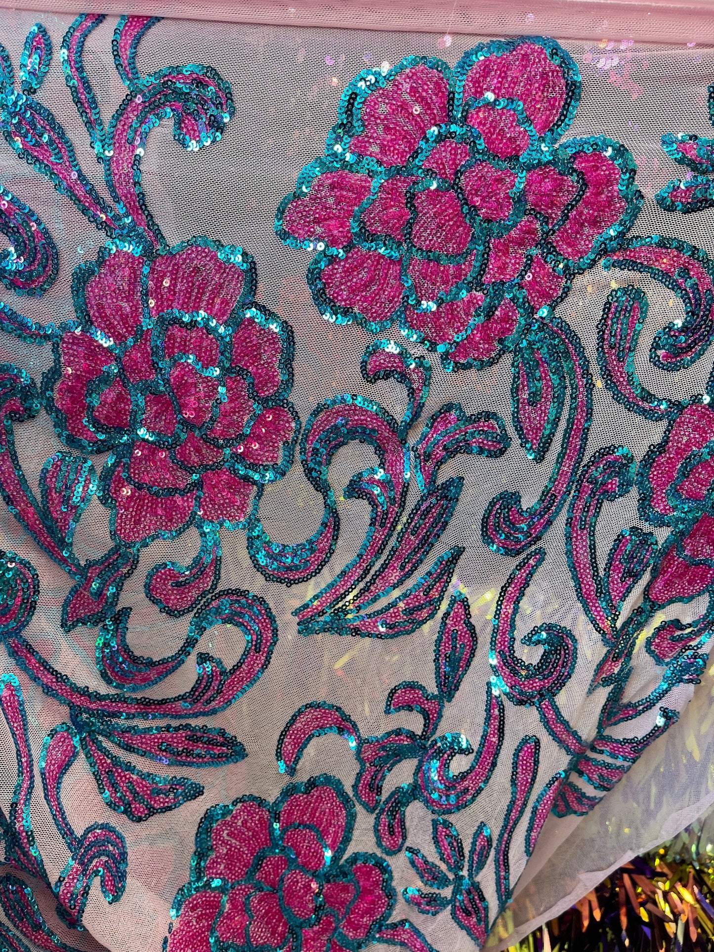 New Rose design shiny sequins embroidered on stretch mesh 2-way stretch 54/55” Sold by the YD. Ships Worldwide from Los Angeles California