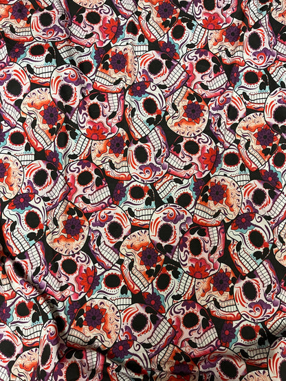 Skull design multicolor print on great quality of nylon spandex 4-way stretch 58/60” Sold by the YD. Ships Worldwide from Los Angeles cali