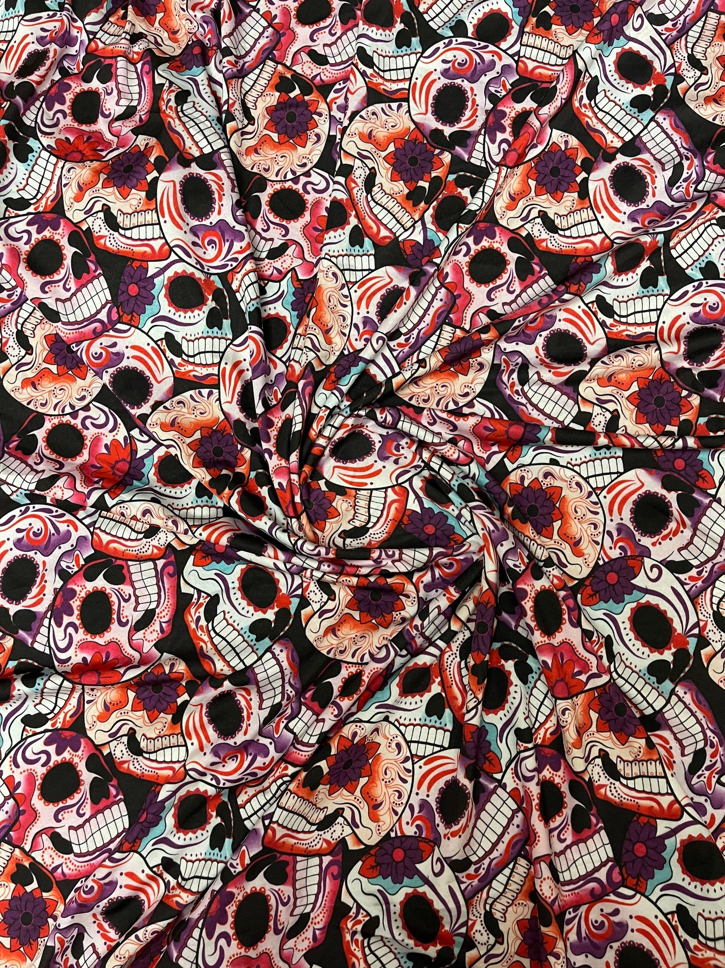 Skull design multicolor print on great quality of nylon spandex 4-way stretch 58/60” Sold by the YD. Ships Worldwide from Los Angeles cali