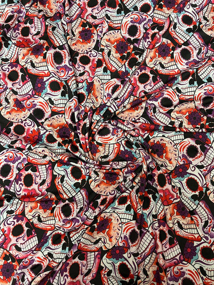 Skull design multicolor print on great quality of nylon spandex 4-way stretch 58/60” Sold by the YD. Ships Worldwide from Los Angeles cali