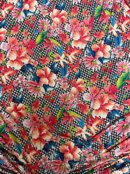 Multi Flower design print on great quality of Poly Spandex 4-way stretch 58/60” Sold by the YD. Ships Worldwide from Los Angeles California