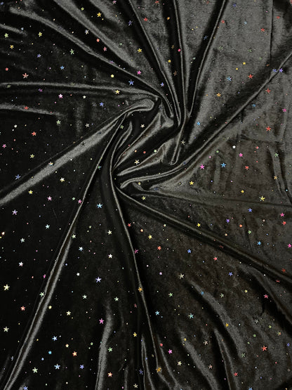 Stars design multicolor on great quality of stretch velvet 4-way stretch 58/60” Sold by the YD. Ships Worldwide from Los Angeles California