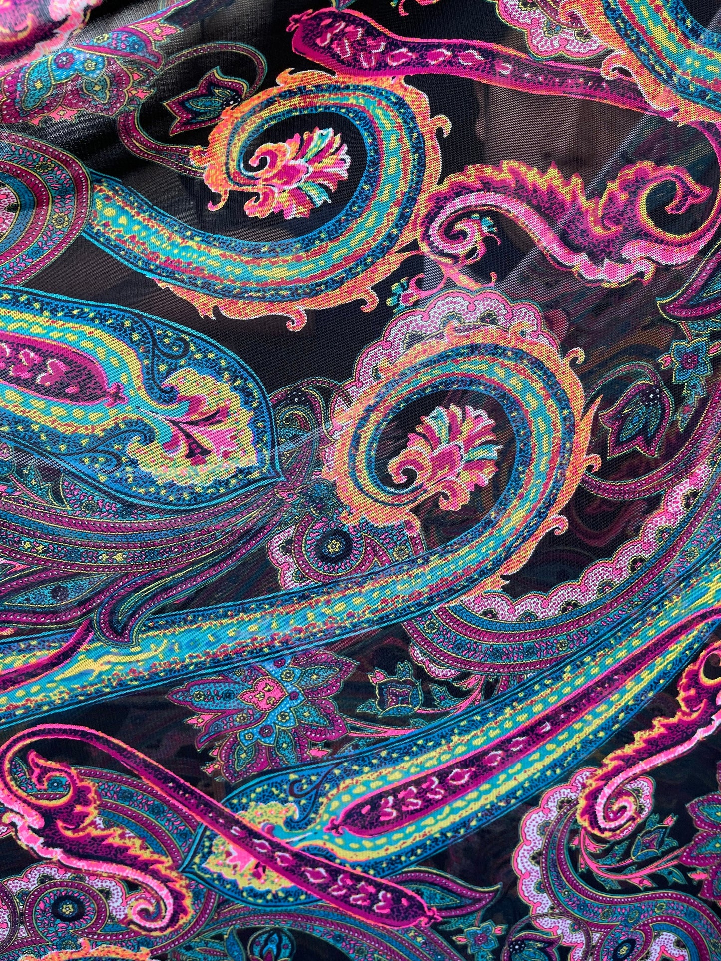 Paisley design Multicolor print on great quality of power mesh 4-way stretch 58/60” Sold by the YD. Ships Worldwide from Los Angeles cali