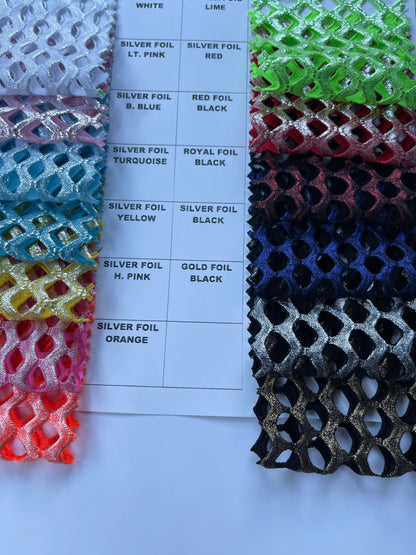 Metallic Diamond fishnet 2-way stretch spandex mesh with foil All over 58/60” Sold by the YD. Ships Worldwide from Los Angeles California US