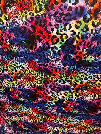 New Leopard design print on Tie Dye nylon spandex 4-way stretch 58/60” Sold by the YD. Ships Worldwide from Los Angeles California USA.