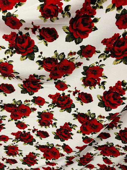 New Roses design print on poly spandex 2-way stretch 58/60” Sold by the YD. Ships worldwide from Los Angeles California USA.