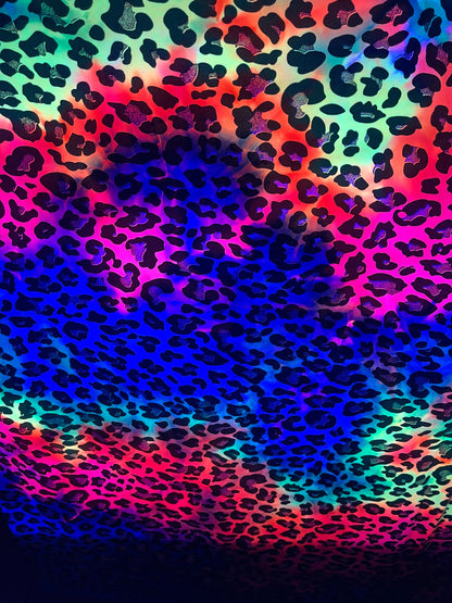 New Exotic Leopard design with metallic foil print on best quality of nylon spandex tie dye rainbow 4-way stretch UV light reactive 58/60”