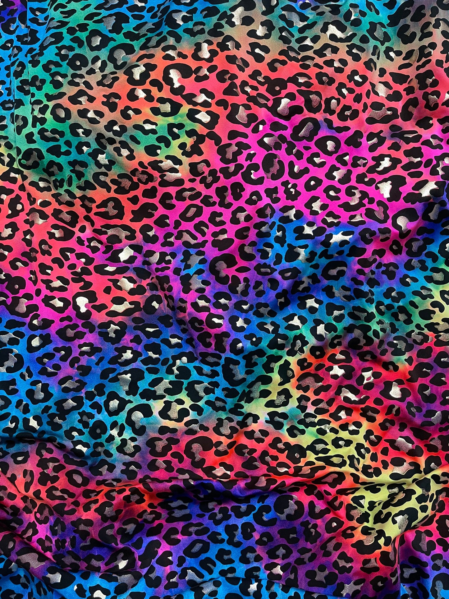 New Exotic Leopard design with metallic foil print on best quality of nylon spandex tie dye rainbow 4-way stretch UV light reactive 58/60”