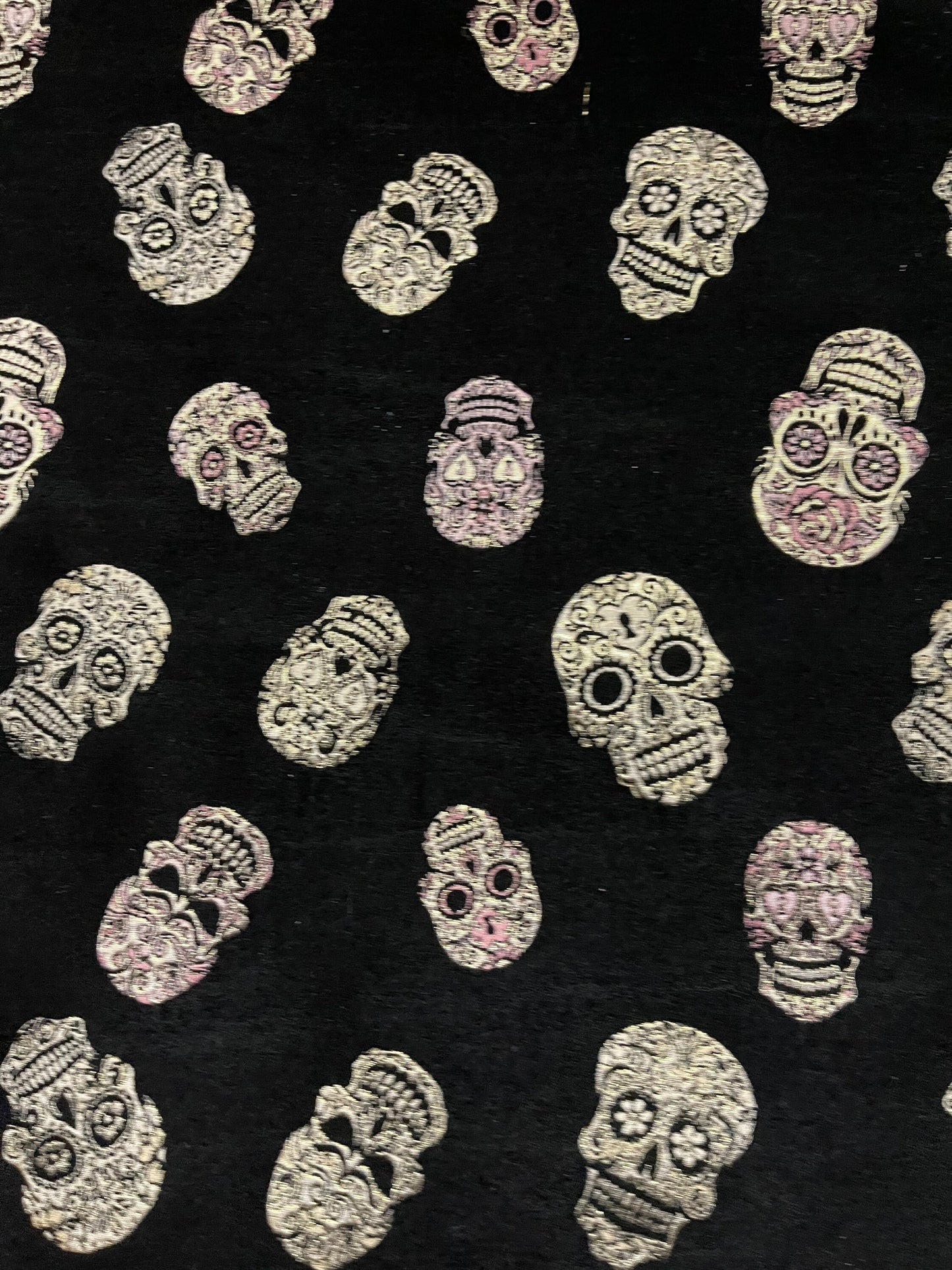 Skull design embroidered on metallic Chenille non stretch black/gold 58/60” Sold by the YD. Ships Worldwide from Los Angeles CA USA.