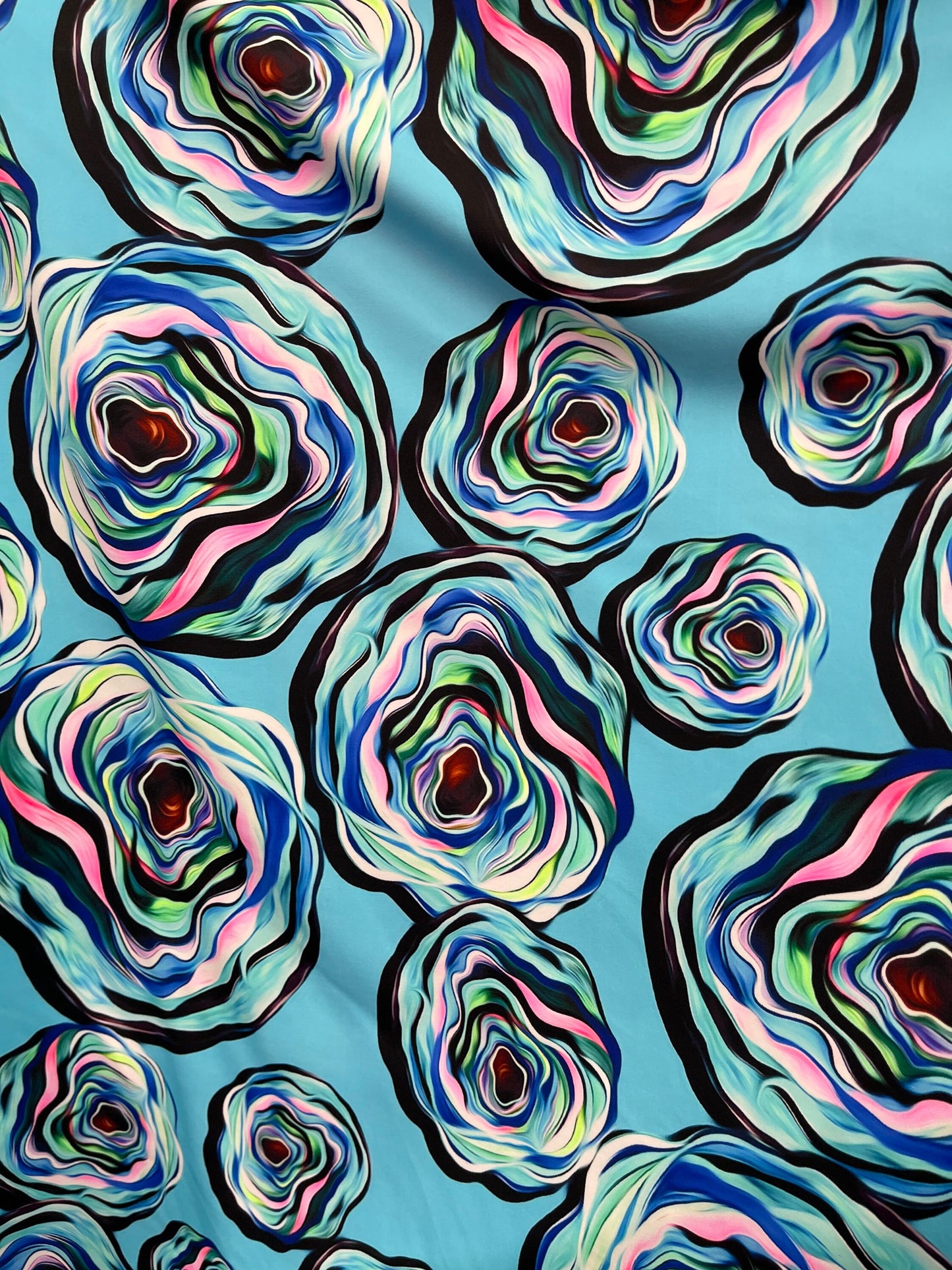 New abstract flower design print on best quality of nylon spandex 4-way stretch 58/60” Sold by the YD. Ships Worldwide from Los Angeles CA.