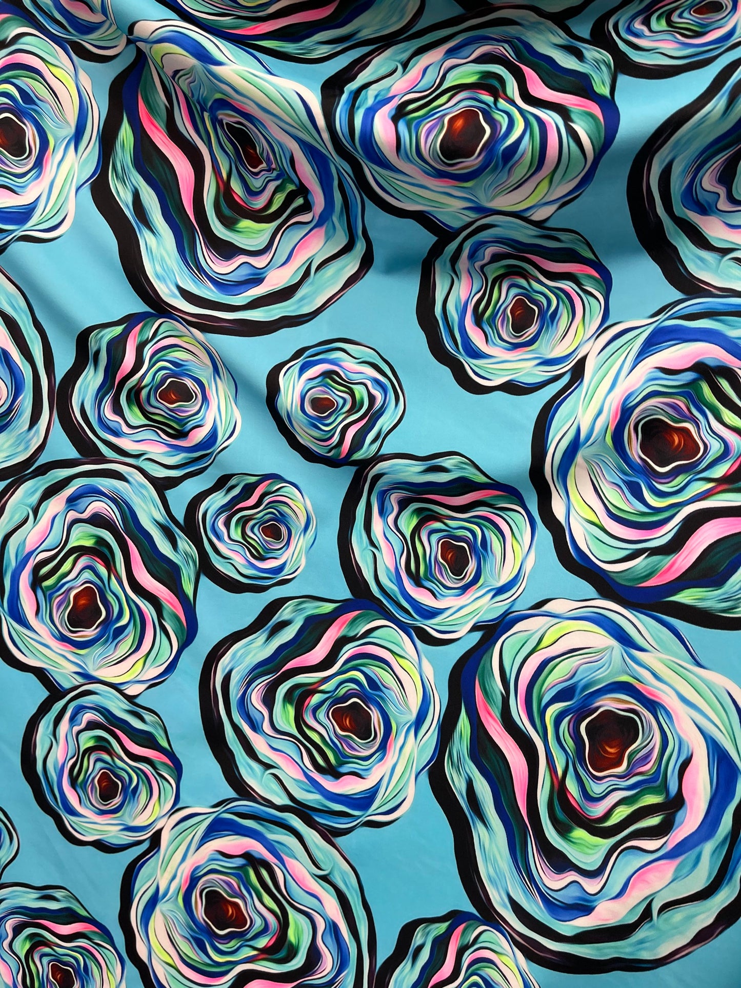 New abstract flower design print on best quality of nylon spandex 4-way stretch 58/60” Sold by the YD. Ships Worldwide from Los Angeles CA.