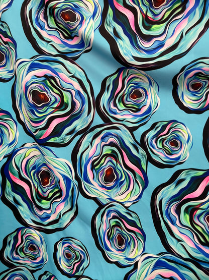 New abstract flower design print on best quality of nylon spandex 4-way stretch 58/60” Sold by the YD. Ships Worldwide from Los Angeles CA.