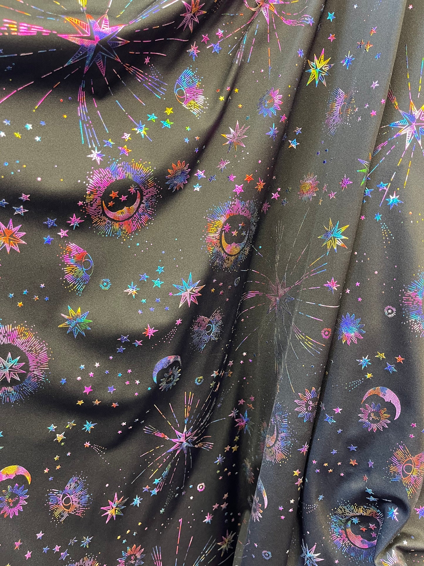 New celestial multi stars design metallic nylon spandex 4-way stretch medium weight 58/60” Sold by the YD. Ships Worldwide from Los Angeles