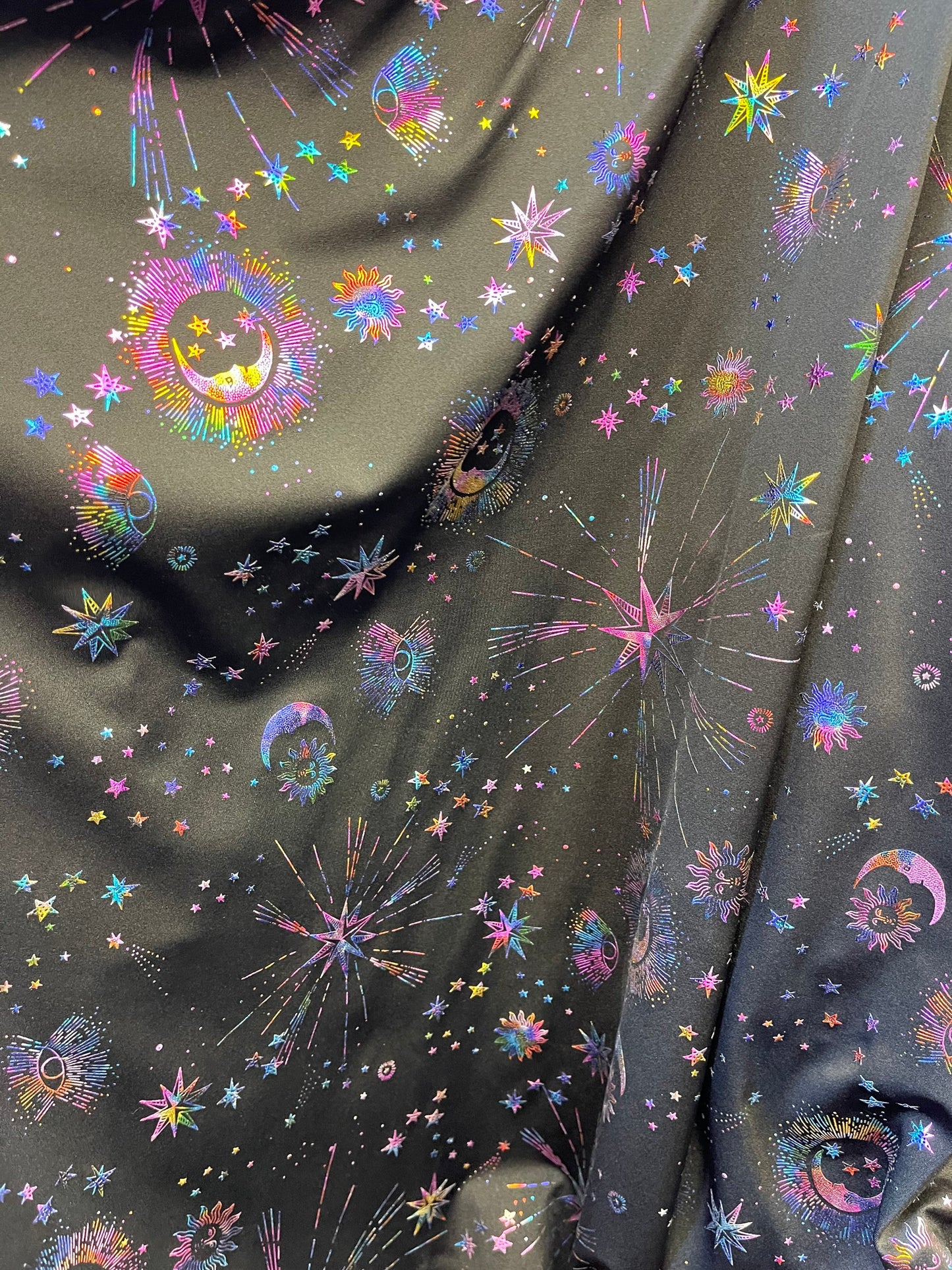 New celestial multi stars design metallic nylon spandex 4-way stretch medium weight 58/60” Sold by the YD. Ships Worldwide from Los Angeles