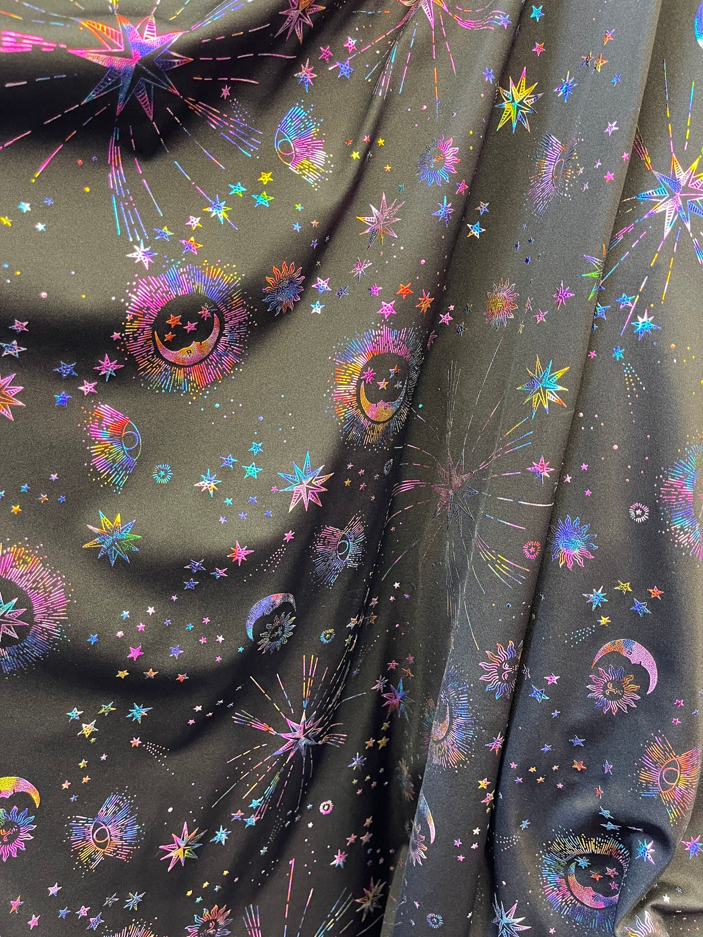 New celestial multi stars design metallic nylon spandex 4-way stretch medium weight 58/60” Sold by the YD. Ships Worldwide from Los Angeles