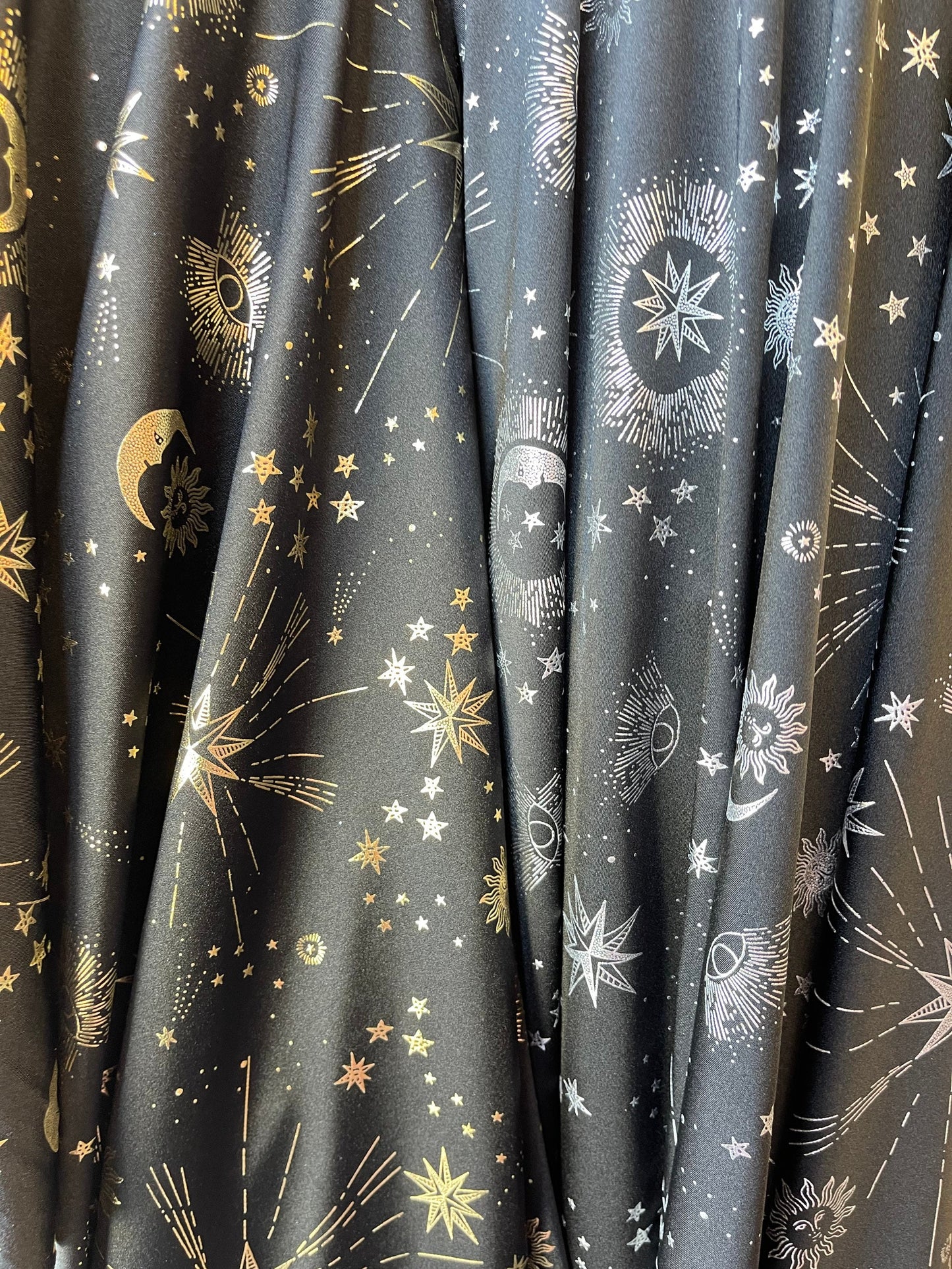 New celestial multi stars design on best metallic Nylon spandex 4-way stretch 58/60” Sold by the YD. Ships Worldwide from Los Angeles cali