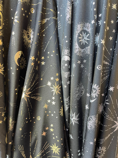 New celestial multi stars design on best metallic Nylon spandex 4-way stretch 58/60” Sold by the YD. Ships Worldwide from Los Angeles cali