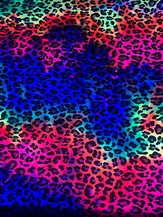 New Exotic Leopard design with metallic foil print on best quality of nylon spandex tie dye rainbow 4-way stretch UV light reactive 58/60”