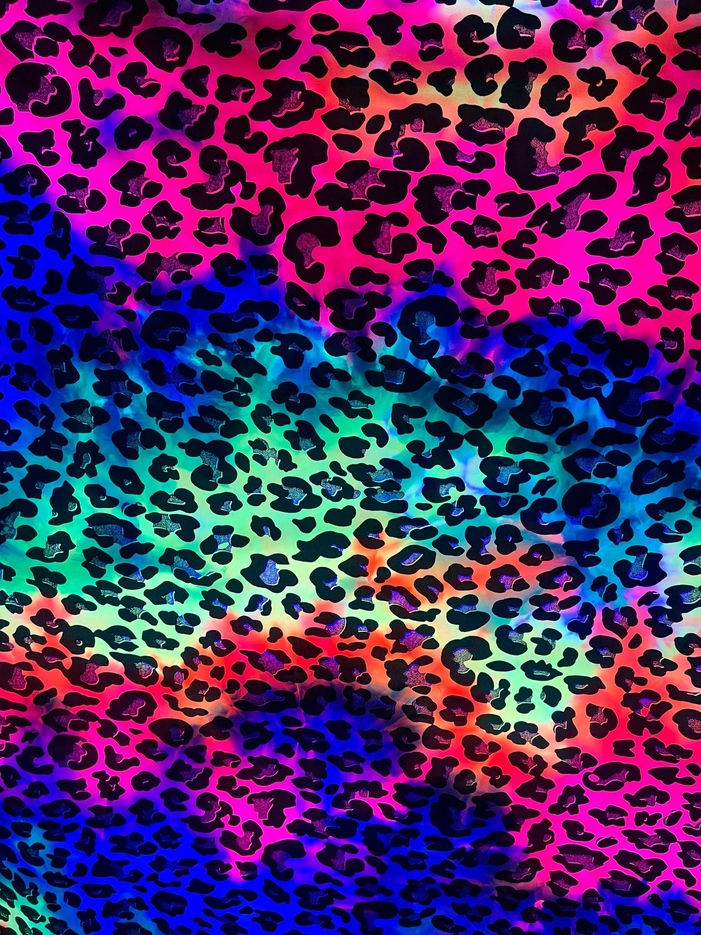 New Exotic Leopard design with metallic foil print on best quality of nylon spandex tie dye rainbow 4-way stretch UV light reactive 58/60”