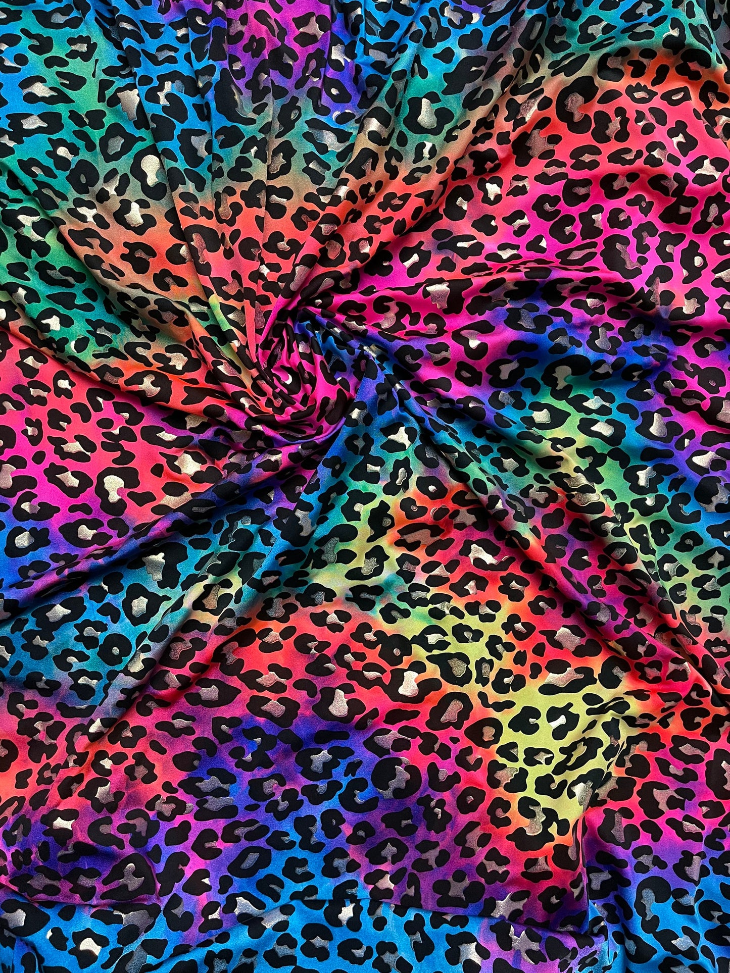 New Exotic Leopard design with metallic foil print on best quality of nylon spandex tie dye rainbow 4-way stretch UV light reactive 58/60”