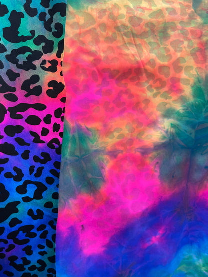 Premium Leopard design print on tie dye nylon spandex 4-way stretch 58/60” Sold by the YD. Ships Worldwide from Los Ángeles California USA.