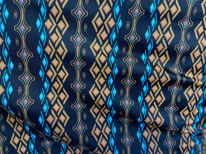 African design Black Multicolor print on nylon spandex 4-way stretch 58/60” Sold by the YD. Ships Worldwide from Los Angeles California USA.