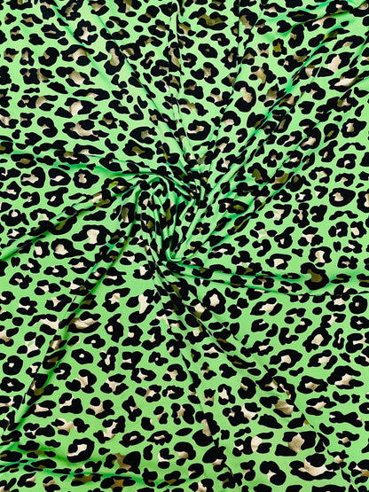 New Exotic Leopard design metallic nylon spandex 4-way stretch 58/60” Sold by the yd. Ships Worldwide from Los Angeles California USA.