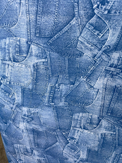 Jeans design denim looking print on vinyl non stretch heavy weight 58/60” Sold by the YD. Ships worldwide from Los Angeles California USA.