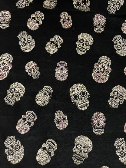 Skull design embroidered on metallic Chenille non stretch black/gold 58/60” Sold by the YD. Ships Worldwide from Los Angeles CA USA.