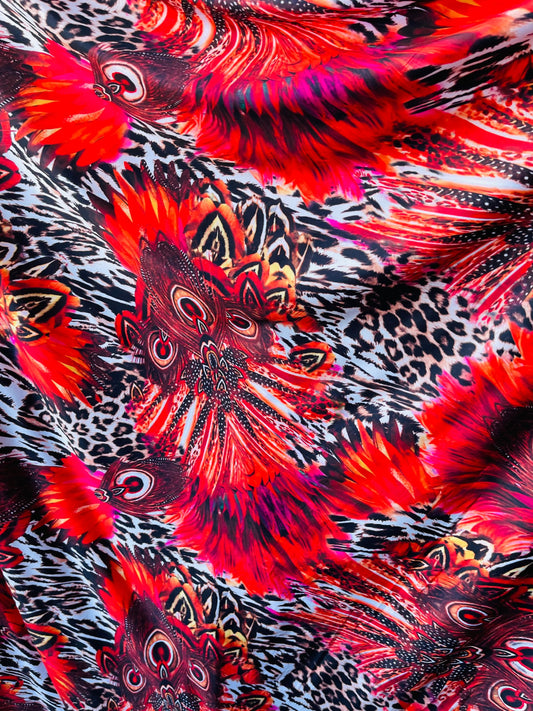 New Exotic peacock design animal print on poly spandex 4-way stretch medium weight 58/60” Sold by the YD. Ships Worldwide from Los Angeles