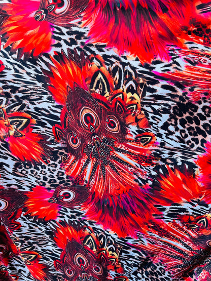 New Exotic peacock design animal print on poly spandex 4-way stretch medium weight 58/60” Sold by the YD. Ships Worldwide from Los Angeles