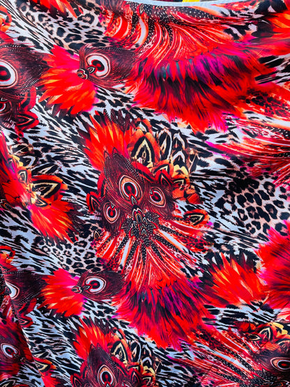 New Exotic peacock design animal print on poly spandex 4-way stretch medium weight 58/60” Sold by the YD. Ships Worldwide from Los Angeles