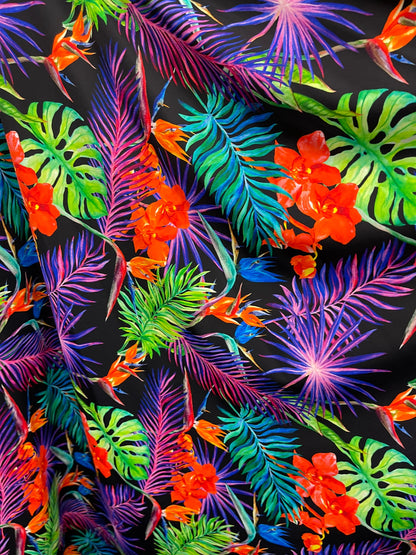 New Hawaiian print black multicolor print on best quality of nylon spandex 4-way stretch 58/60” Sold by the YD. Ships Worldwide from L.A CA