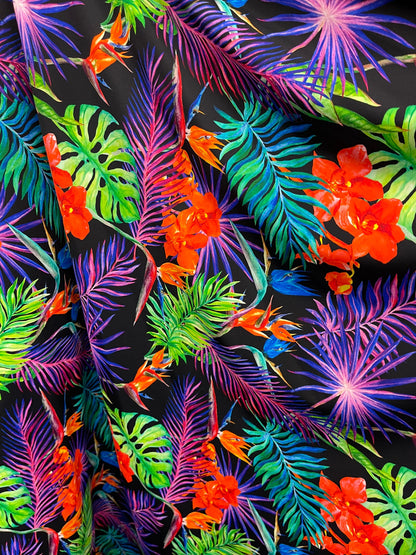 New Hawaiian print black multicolor print on best quality of nylon spandex 4-way stretch 58/60” Sold by the YD. Ships Worldwide from L.A CA