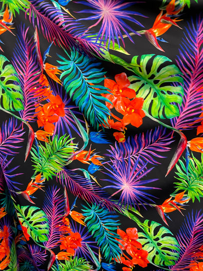 New Hawaiian print black multicolor print on best quality of nylon spandex 4-way stretch 58/60” Sold by the YD. Ships Worldwide from L.A CA