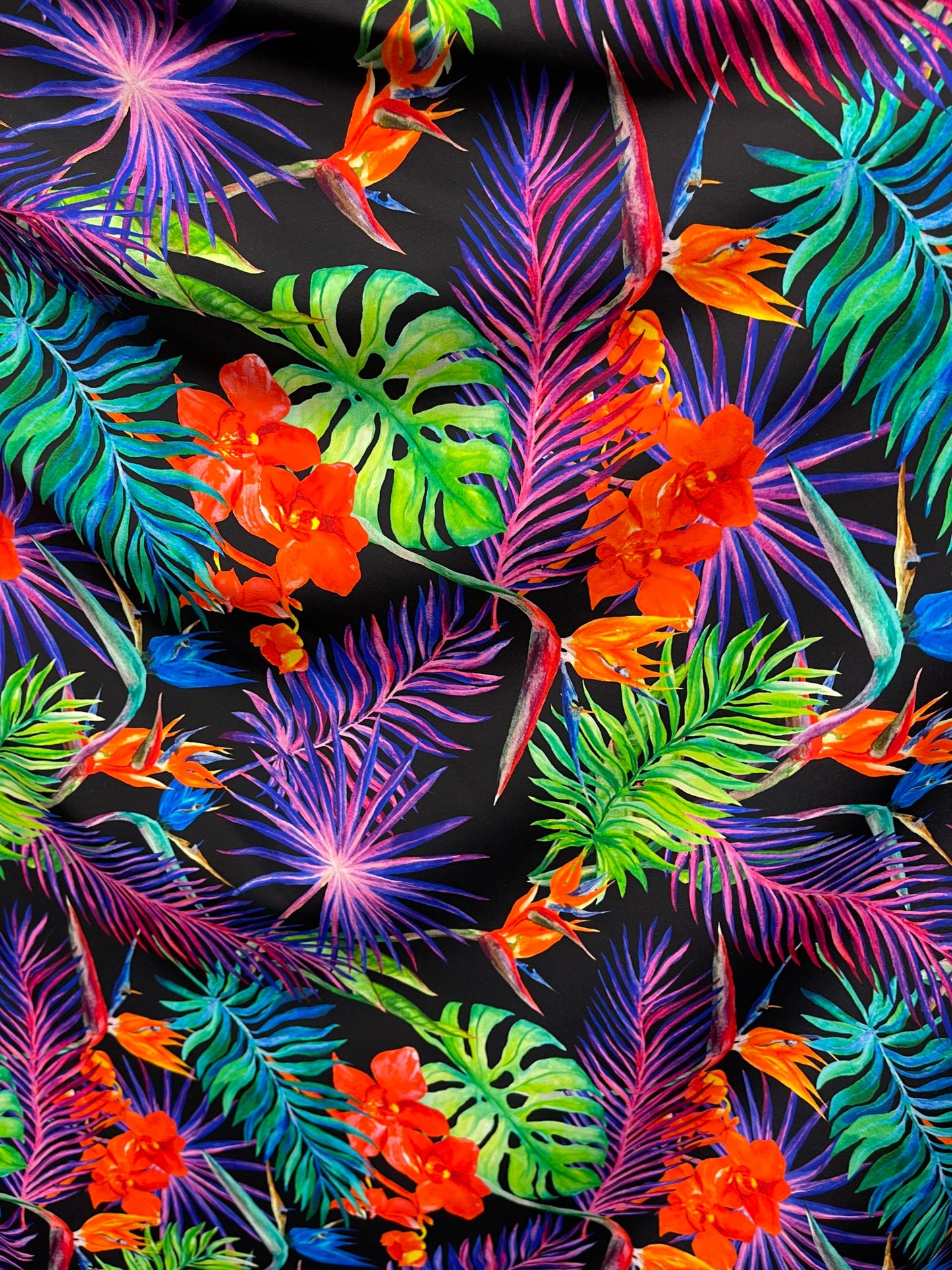 New Hawaiian print black multicolor print on best quality of nylon spandex 4-way stretch 58/60” Sold by the YD. Ships Worldwide from L.A CA