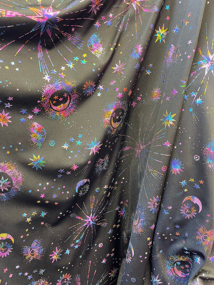 New celestial multi stars design metallic nylon spandex 4-way stretch medium weight 58/60” Sold by the YD. Ships Worldwide from Los Angeles