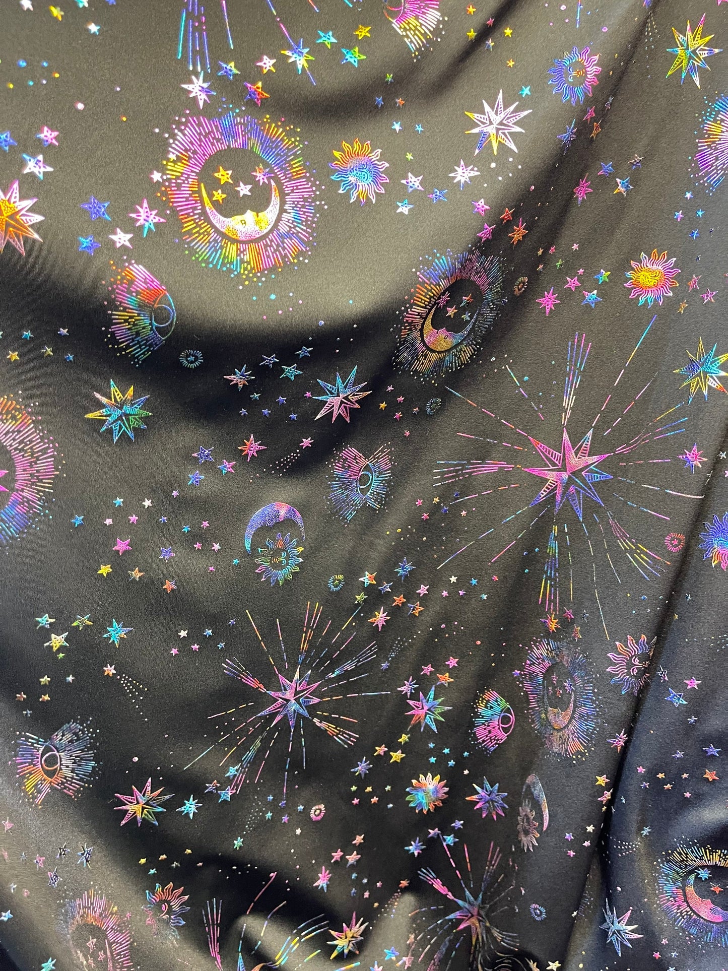 New celestial multi stars design metallic nylon spandex 4-way stretch medium weight 58/60” Sold by the YD. Ships Worldwide from Los Angeles