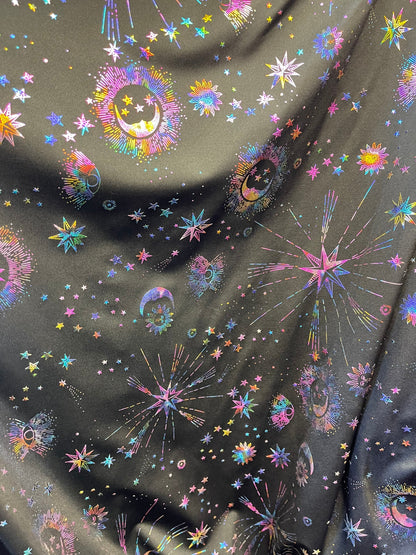 New celestial multi stars design metallic nylon spandex 4-way stretch medium weight 58/60” Sold by the YD. Ships Worldwide from Los Angeles