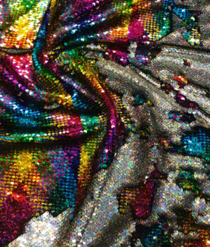 New hologram rainbow/silver mermaid sequins 2tone on spandex base 58/60" Sold by the YD. Ships worldwide from Los Angeles CA USA.