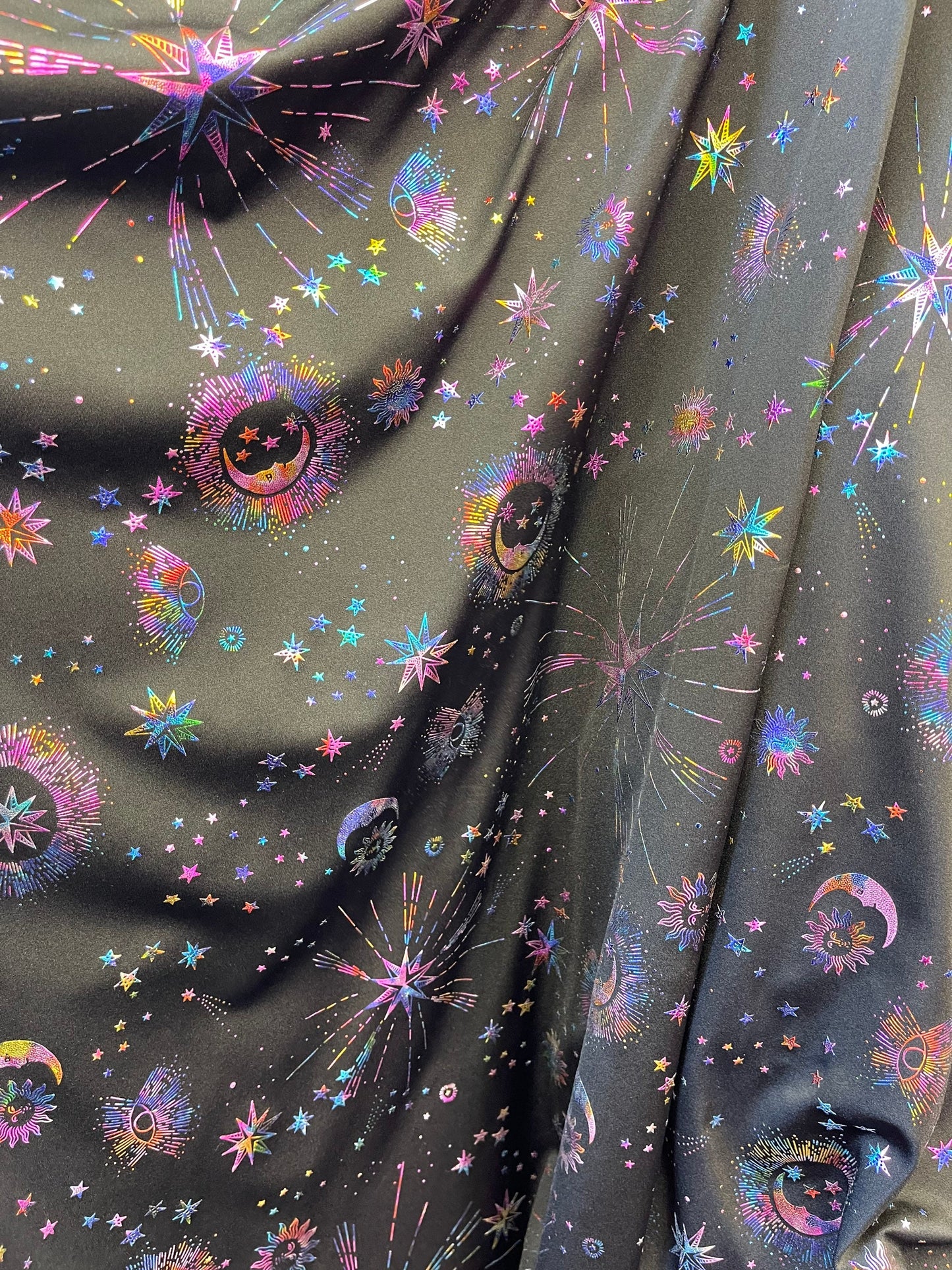 New celestial multi stars design on best metallic Nylon spandex 4-way stretch 58/60” Sold by the YD. Ships Worldwide from Los Angeles cali