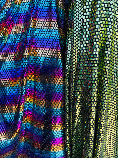 New Luxury sequins multicolor on metallic nylon spandex 2-way stretch 58/60” Sold by the YD. Ships Worldwide from Los Ángeles CA USA.