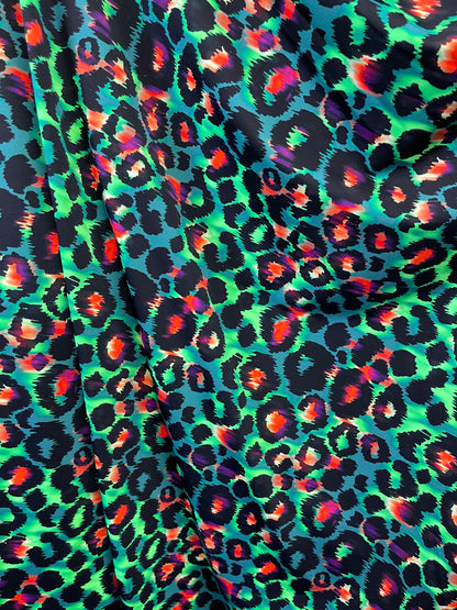 Exotic Leopard design green/multicolor print on best quality of nylon spandex 4-way stretch 58/60” Sold by the YD. Ships Worldwide from L.A