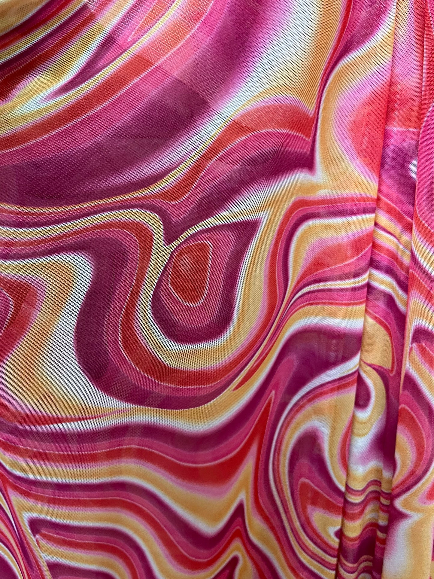 New Modern abstract lava design multicolor print on best quality of power mesh and nylon spandex 4-way stretch 58/60” Sold by the YD.