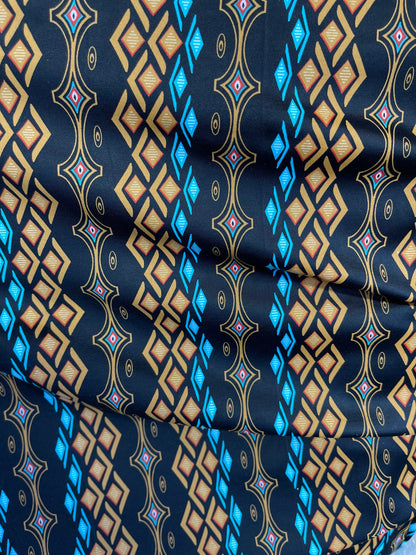 African design Black Multicolor print on nylon spandex 4-way stretch 58/60” Sold by the YD. Ships Worldwide from Los Angeles California USA.