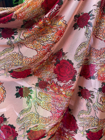 New Exotic dragon design pink Multicolor print on power mesh 4-way stretch 58/60” Sold by the YD. Ships Worldwide from Los Angeles cali USA