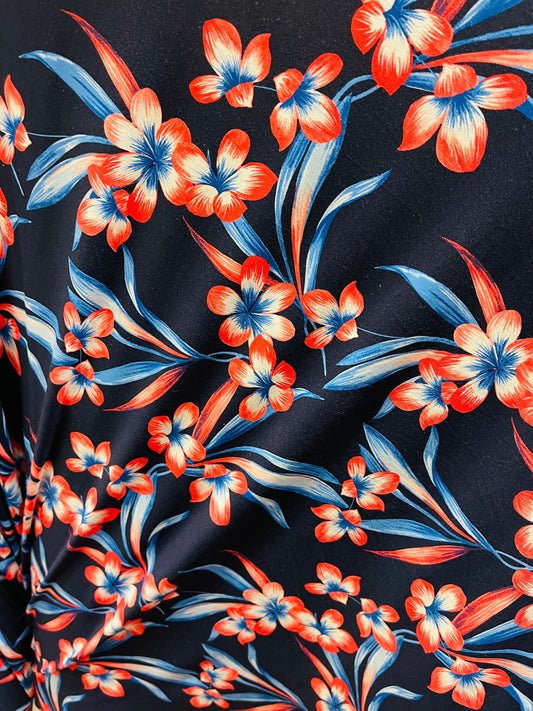 Flower design print on poly spandex 4-way stretch 58/60” Sold by the YD. Ships Worldwide from Los Angeles California USA.